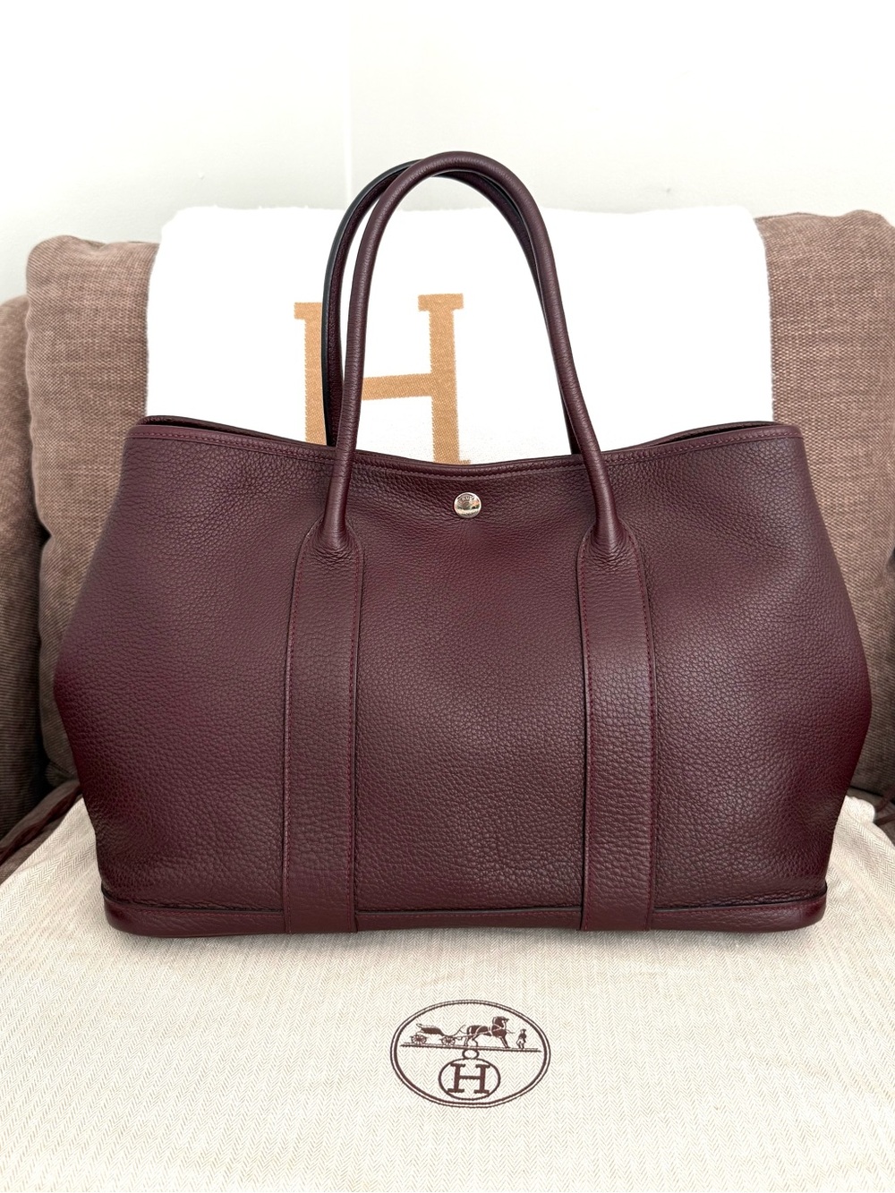 Authentic Hermes Garden Party PM tote bag prune purple leather nagonda